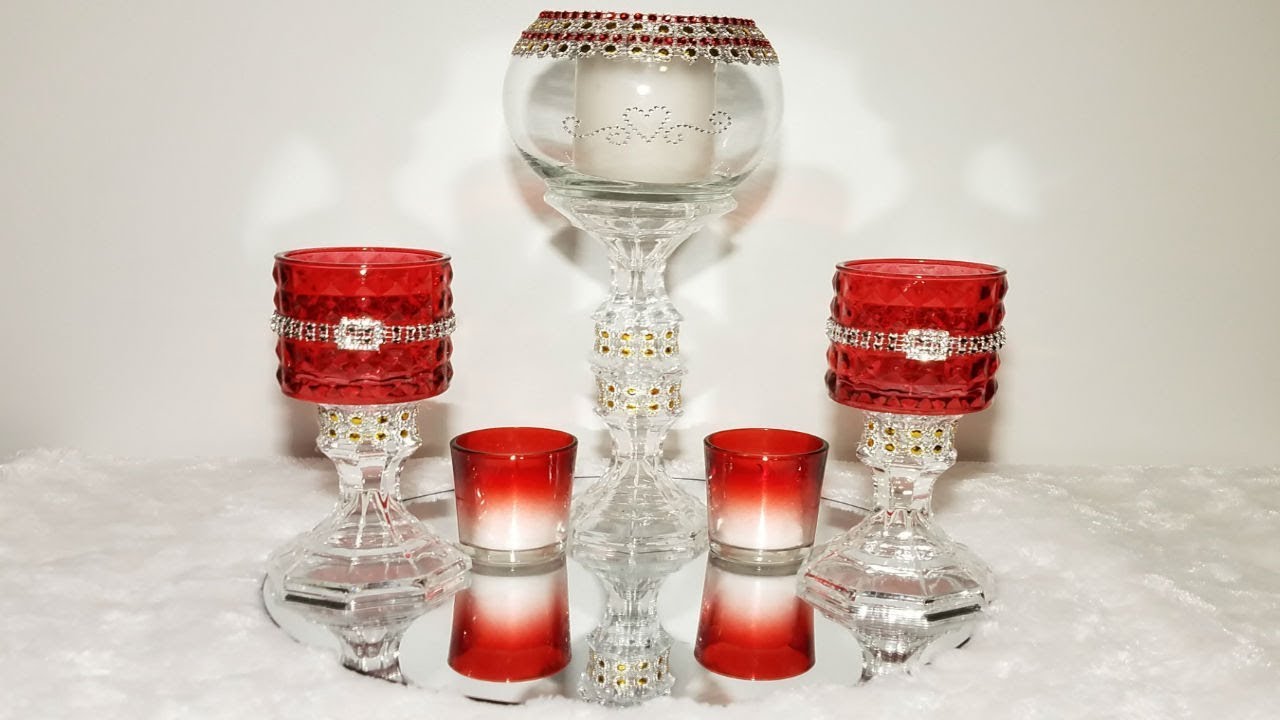 Red decorative glass candleholder centerpiece / xmas decor / valentines day decor