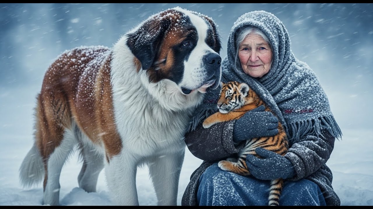 a saint bernard and an old woman rescue a tiger cub during a snowstorm heartwarming tale