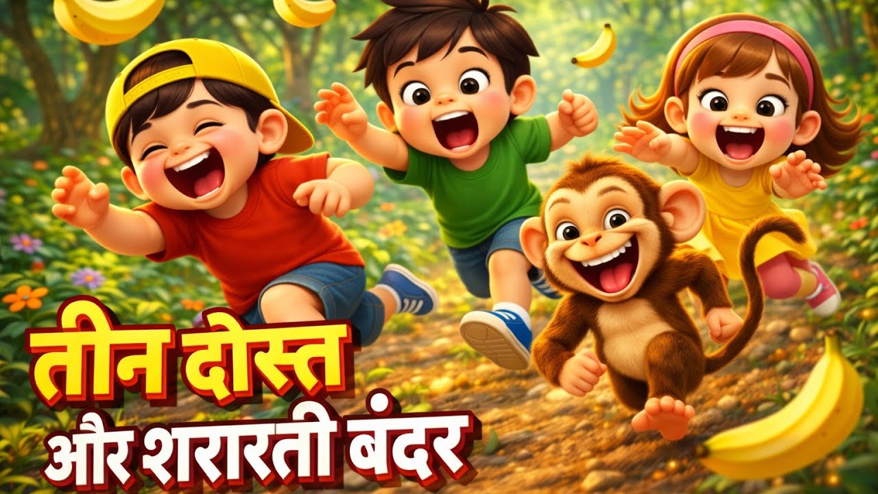 तीन दोस्त और शरारती बंदर 🐒😂 | Funny 3D Cartoon Story for Kids | Hindi Comedy Animation