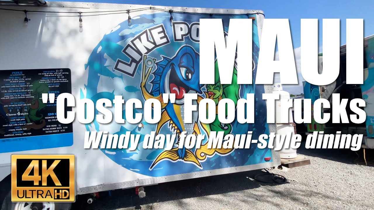 Food Truck court for lunch across the street from Maui Costco in Kahului, Hawaii on a windy day   4K