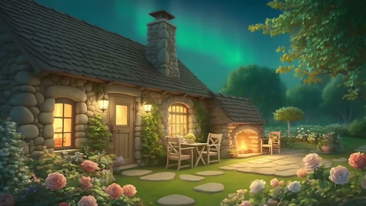Cozy Cottage Garden Under Northern Lights | Relaxing Night Ambience | Background Ambience