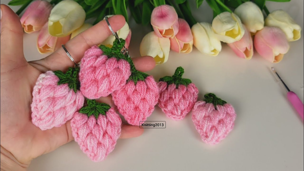 Amazing strawberry keychains you can knit 50 of in one day.🍓