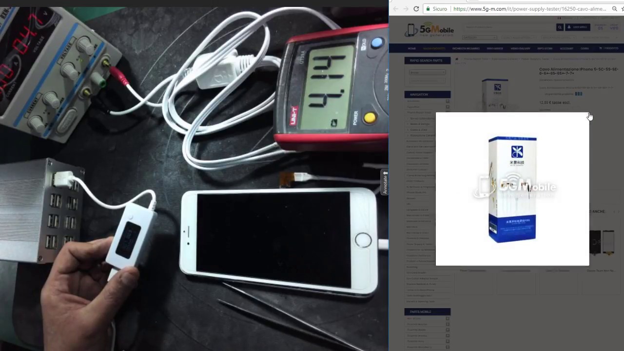 Cavo Alimentazione da banco IPhone 5-5C-5S-SE-6-6+-6S-6S+-7-7+ con Test consumo batteria