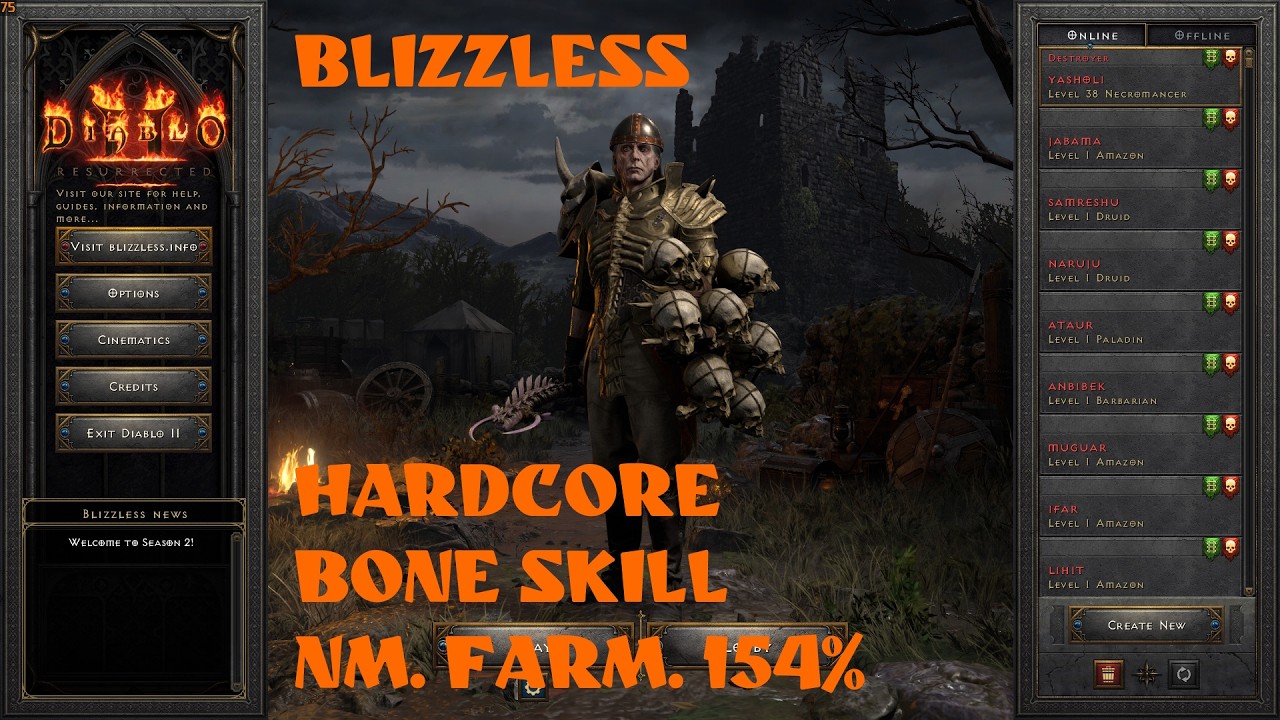 diablo 2 blizzless hardcore. bone skill. nm. farm. 154%