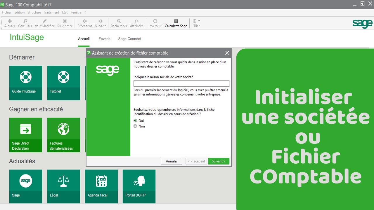 SAGE Comptabilité: Initialisation d'une société ou fichier Comptable