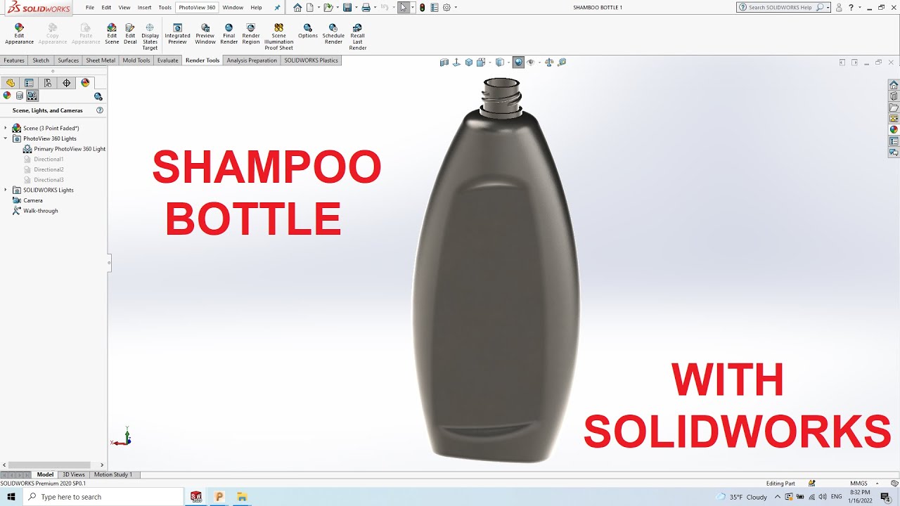 3d cad shampoo bottle designing with solidworks .تصميم علبة شامبو ثلاثية الابعاد سوليد وركس