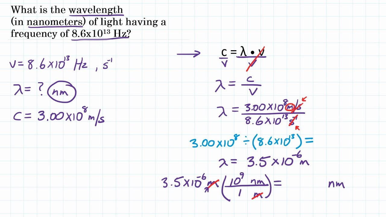 What wavelength in nanometers has a frequency of 8.6x10^13 Hz? - Frequency to Wavelength Practice