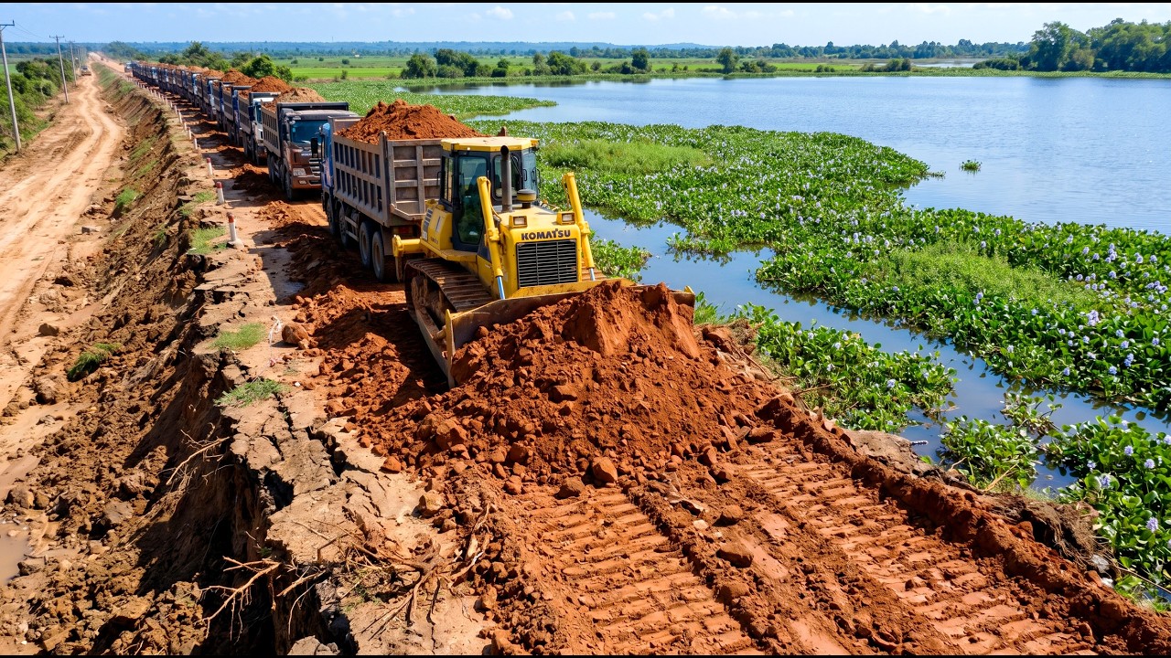 Base Resizing To a New Highway from Mud! Bulldozer Levels Soil as Dump Trucks Work Nonstop