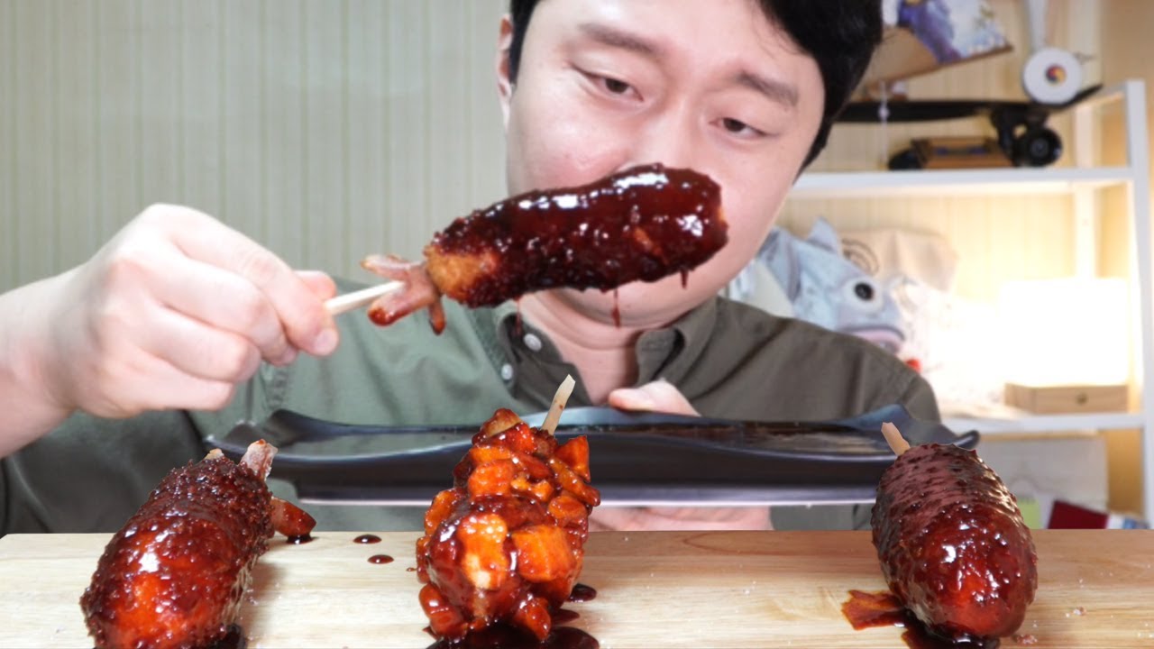 Real Sound 핵불닭 핫도그가 나타났다!! 리얼사운드 먹방이야 b^^d xúc xích tẩm bột rán very Spicy Hot Dog corn dog