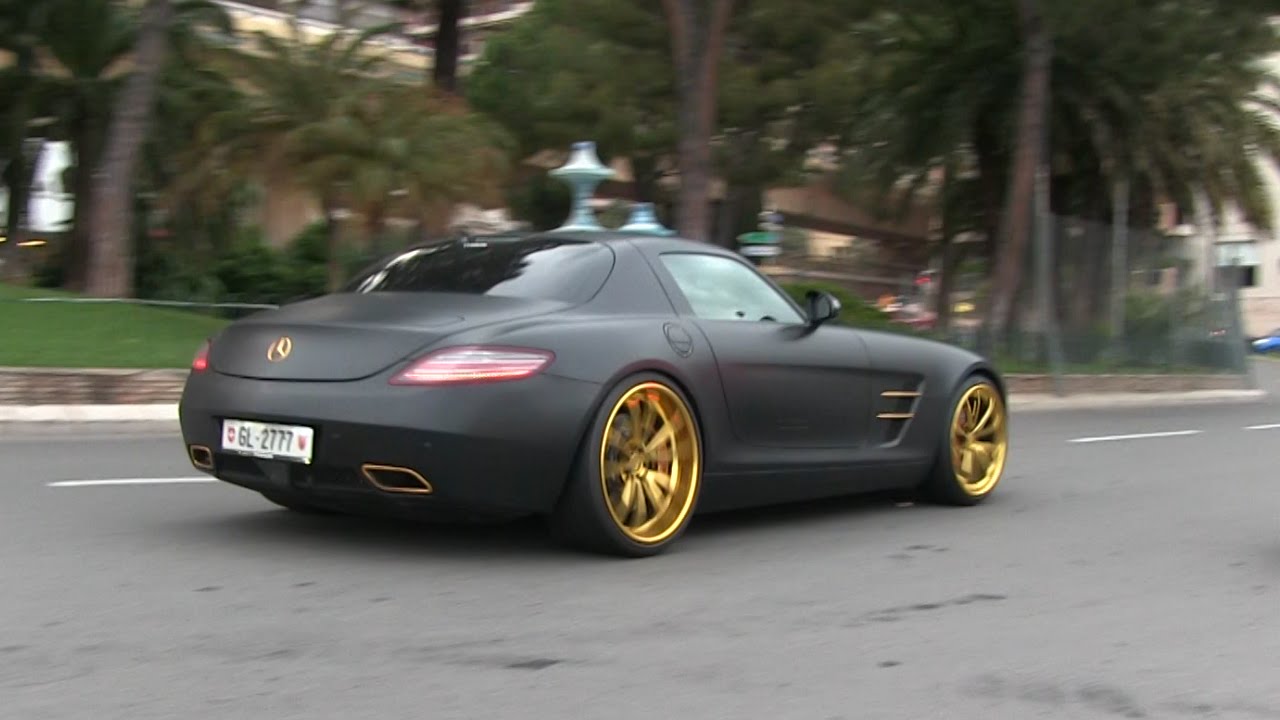 Matte-Black Mercedes SLS AMG w/ GOLD RIMS & EMBLEMS in Monaco