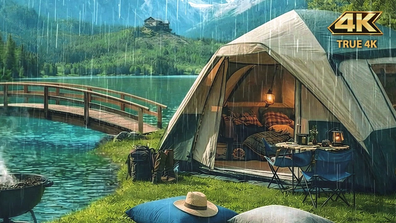 4K Rainy Lake Camping 🌧️ | Real Rain, Birds & Water Sounds | Living Painting