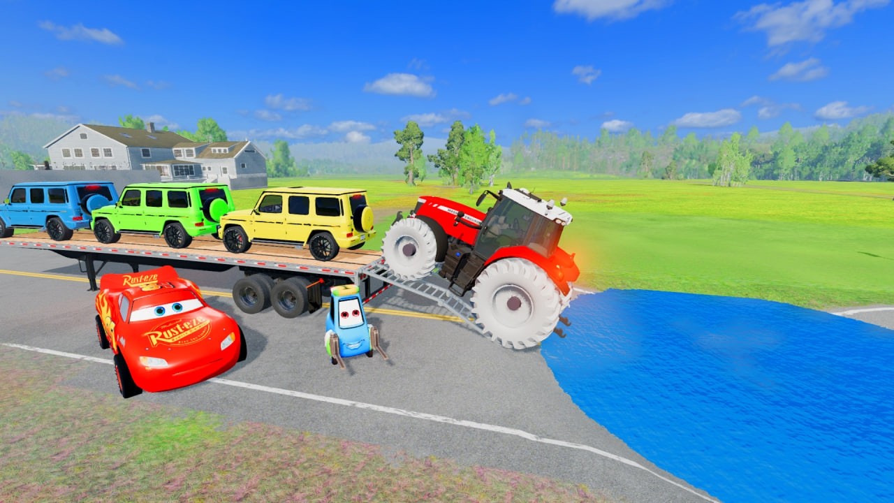 Flatbed Truck McQueen | Transportation with Truck - Pothole vs Car # | BeamNG.Drive Gameplay