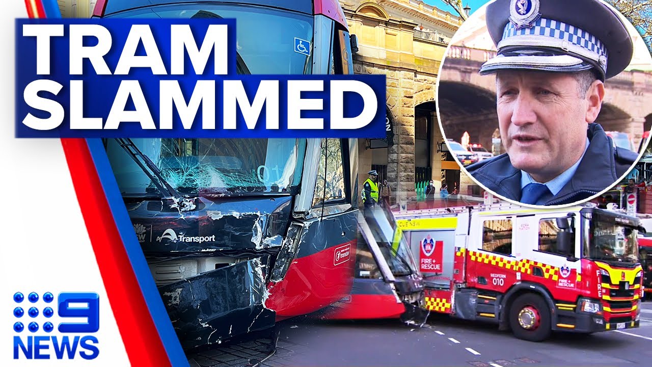 Firetruck and light rail tram collides at Sydney’s Central Station | 9 News Australia