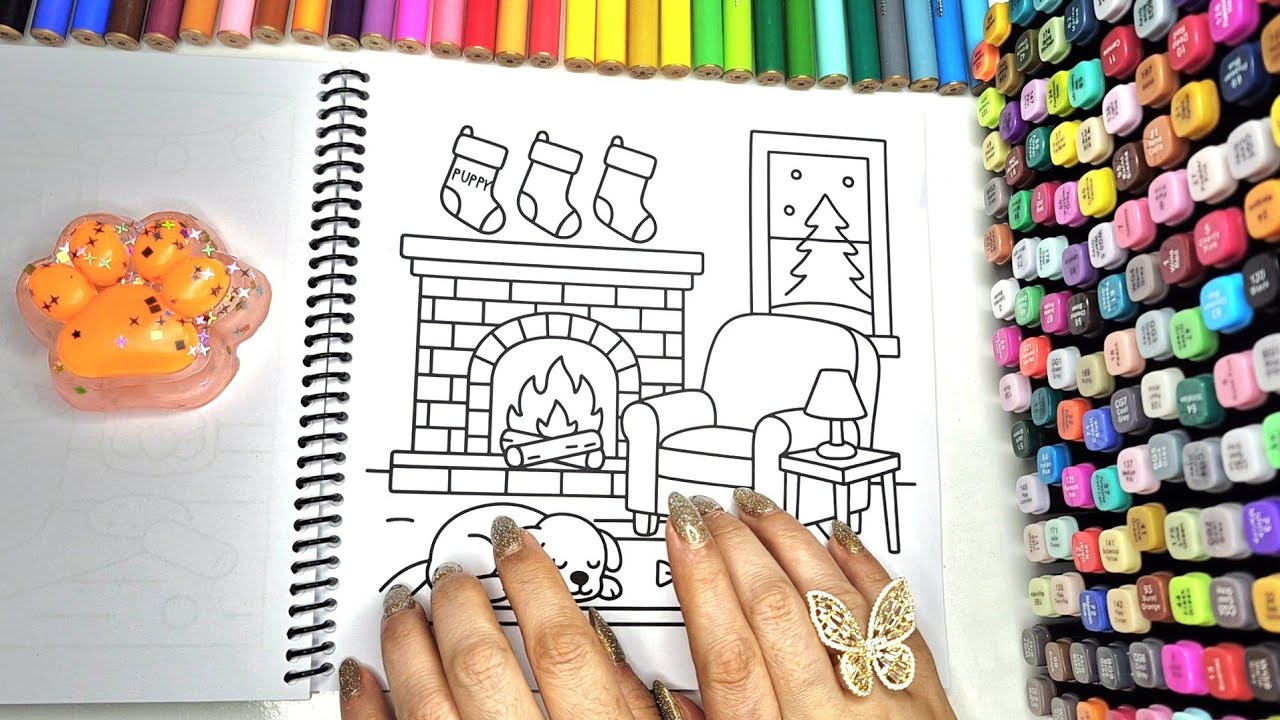 ASMR Coloring a Warm Cozy Living Room 🛋️🔥 Relaxing Fireplace Art