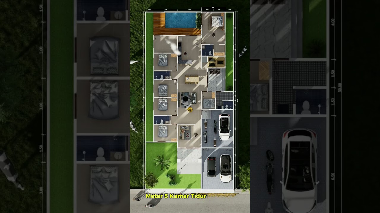 Desain Rumah 15x30 Meter 5 Kamar Tidur 4 Kamar Mandi 976 #renovasirumah #homedesign #home #interior