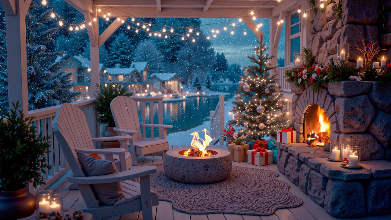 Cozy Christmas Porch Jazz 🎄 Warmth Fireplace Ambience with Soft Jazz Music for Relaxation