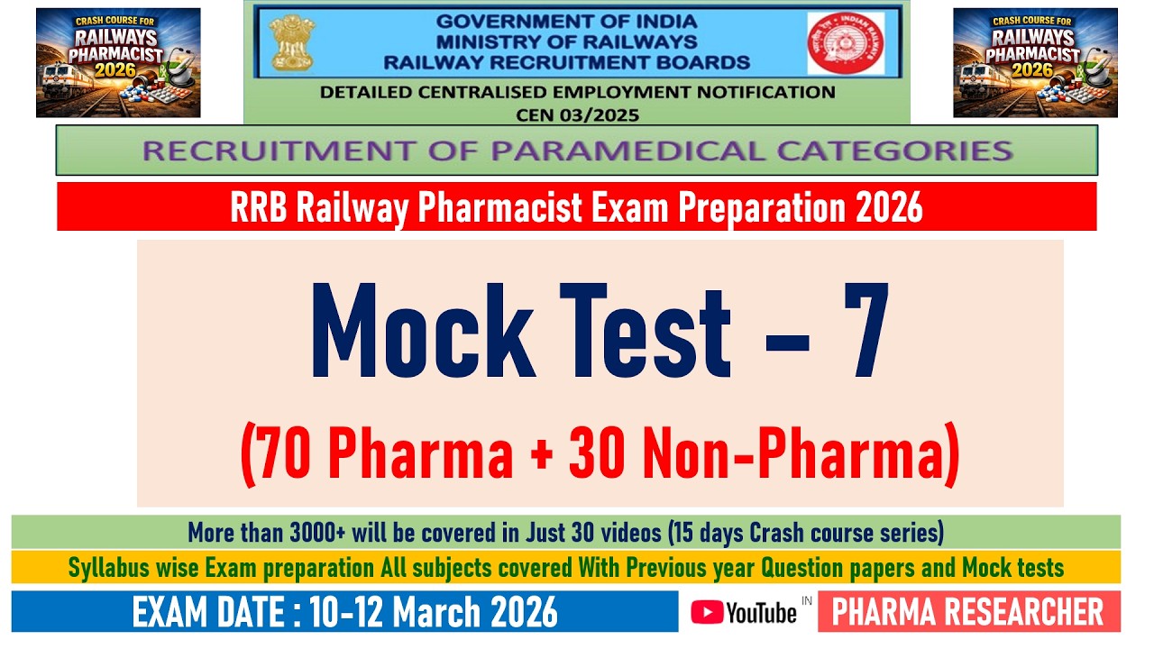 Railway Pharmacist exam preparation 2026 II Mock test paper 7 #rrbpharmacist2026 #pharmacist #rrb