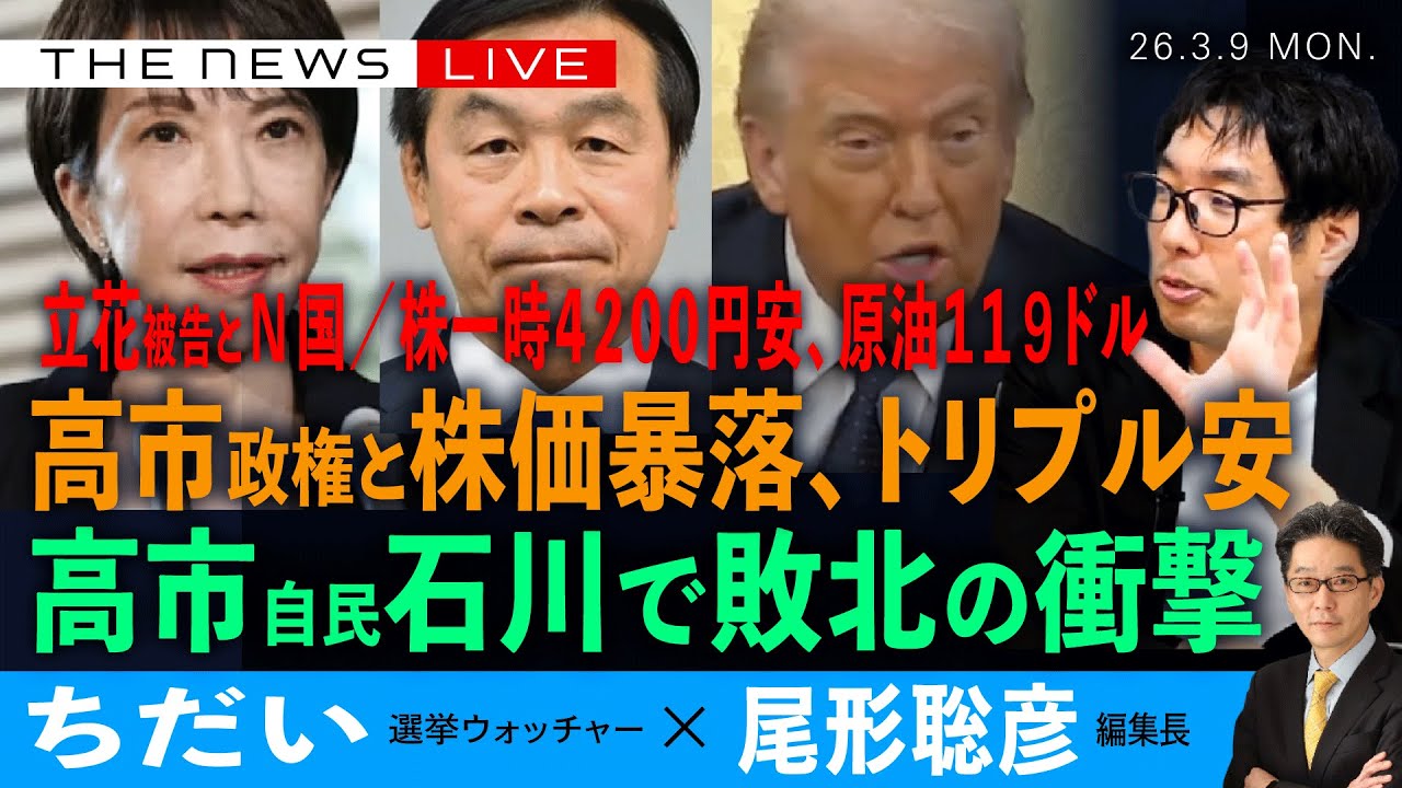 高市自民、石川知事選で敗北の衝撃／株暴落、トリプル安と高市首相／立花氏とN国のたそがれ／株１時４２００円安、原油１１９ドル、壊れる世界経済(ちだい❎尾形聡彦)【3/9(月) 19:30~ ライブ】