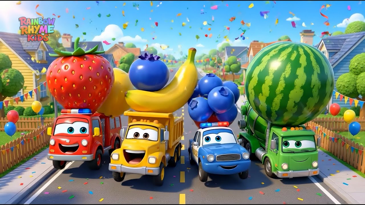 Fruit Foam Party! 🍎🍌 Nursery Rhymes & Kids Songs | Learn Colors with Fruit Cars