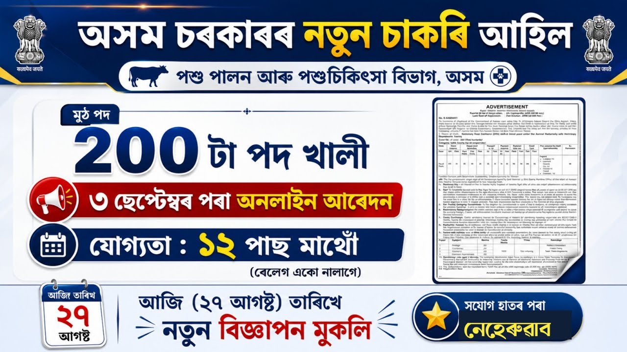Assam Veterinary Recruitment 2026 &ndash; Apply for 200 VFA Posts| Assam Govt New Job 2026,Apply online