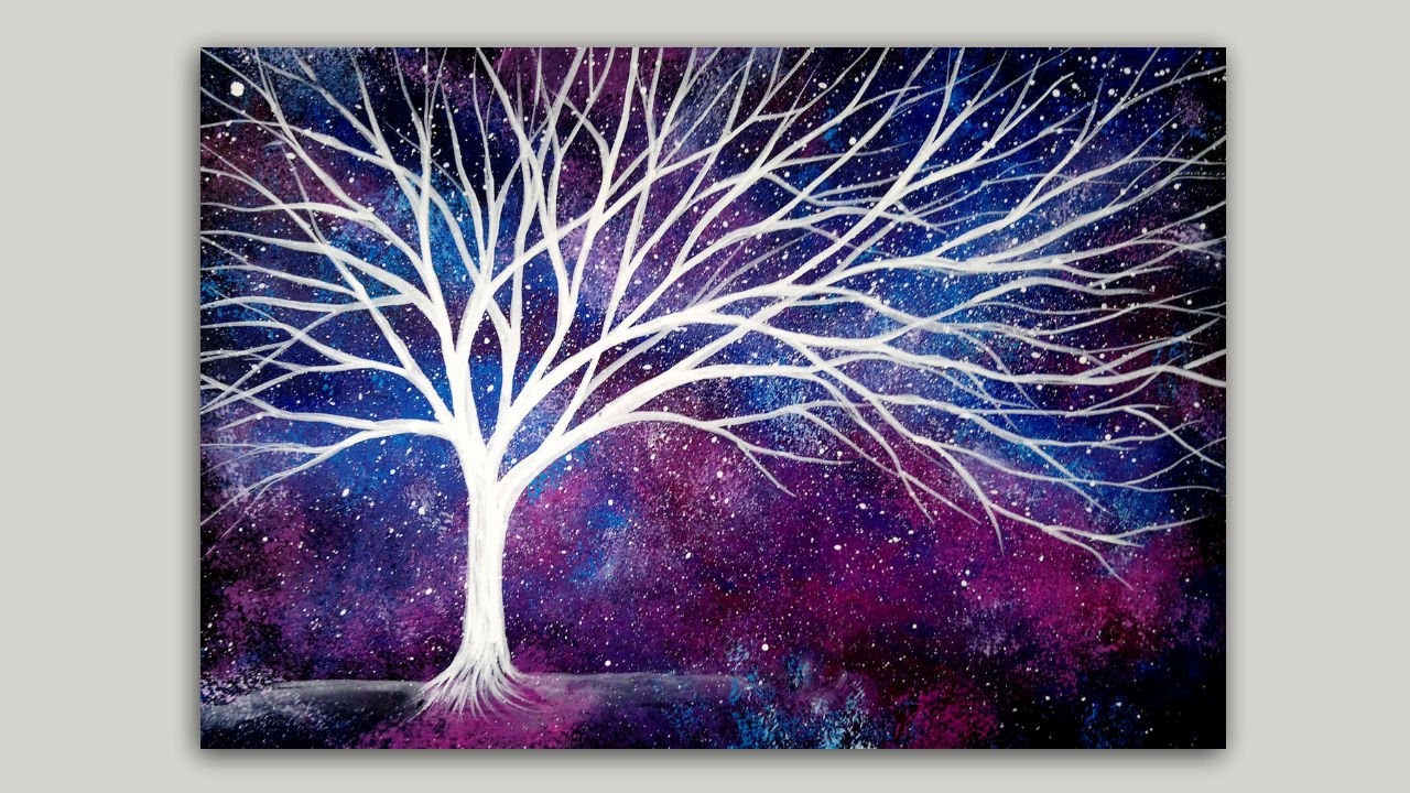 Acrylic Painting: Starry Galaxy and White Tree- Fantasy Silhouette Painting Demonstration