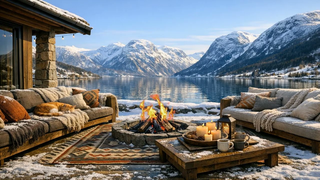 4 Hours Cozy Fireplace by a Nordic Fjord, Relaxing Patio Music for Focus and Stress Relief