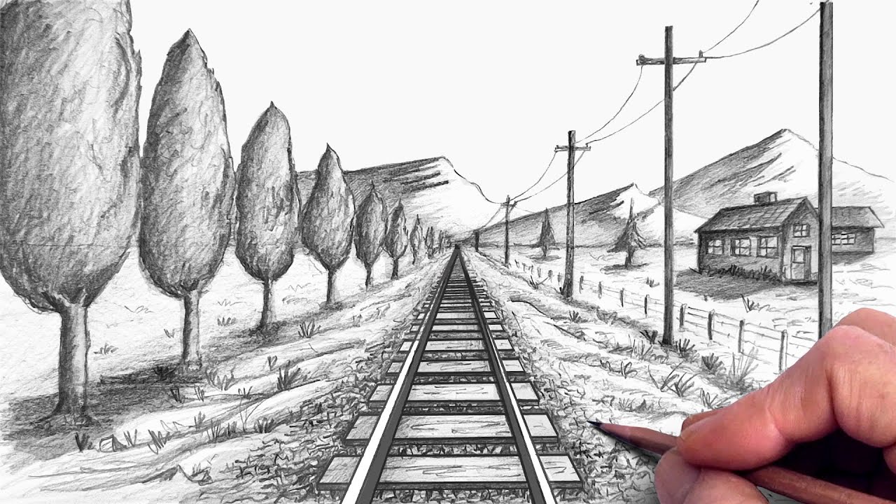 How to Draw a RAILWAY Track in ONE POINT PERSPECTIVE | For BEGINNERS