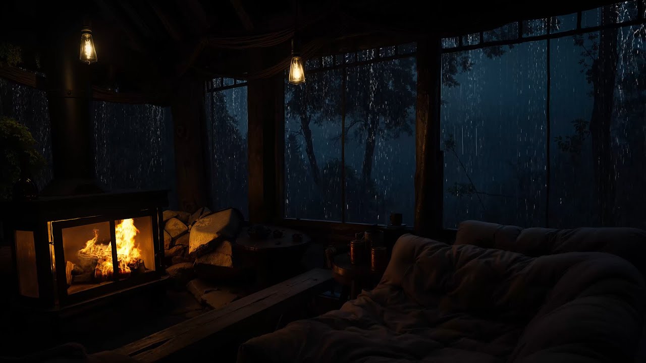 Cabin Rain Sounds at Night with Fireplace | Calm Ambience for Deep Rest