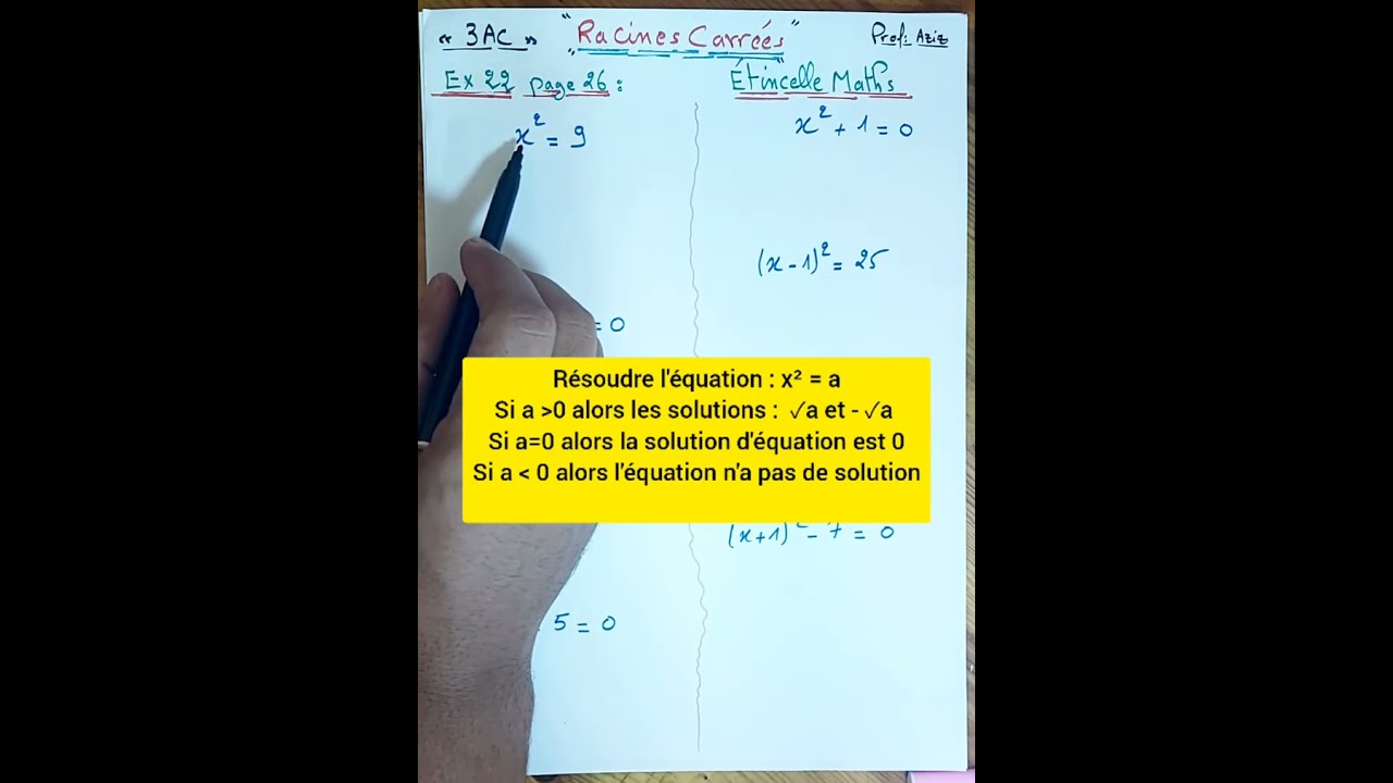 exercice 22 page 26 livre Étincelle Maths résoudre l’équation x^2 = a