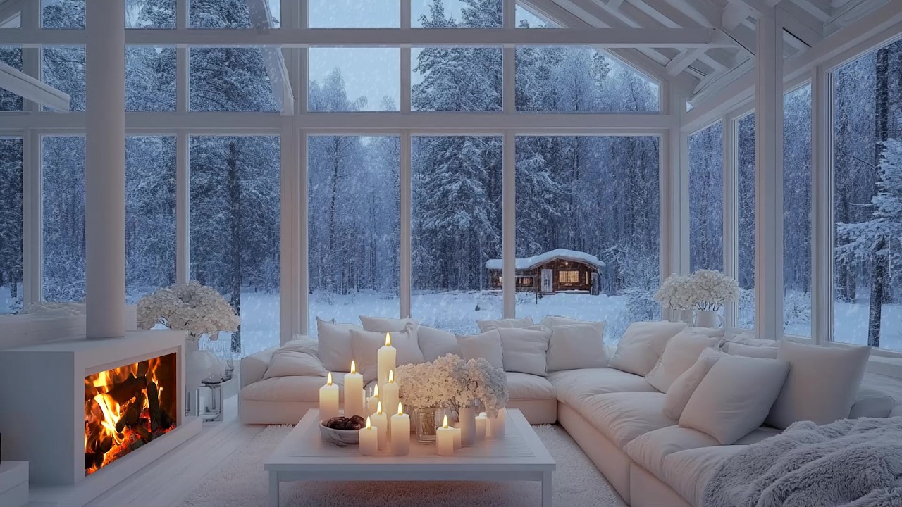 ☃️🎼 Winter Snow Piano Haven | Fireplace Glow, Snowfall & Elegant Floral Decor | Calm Focus Relax