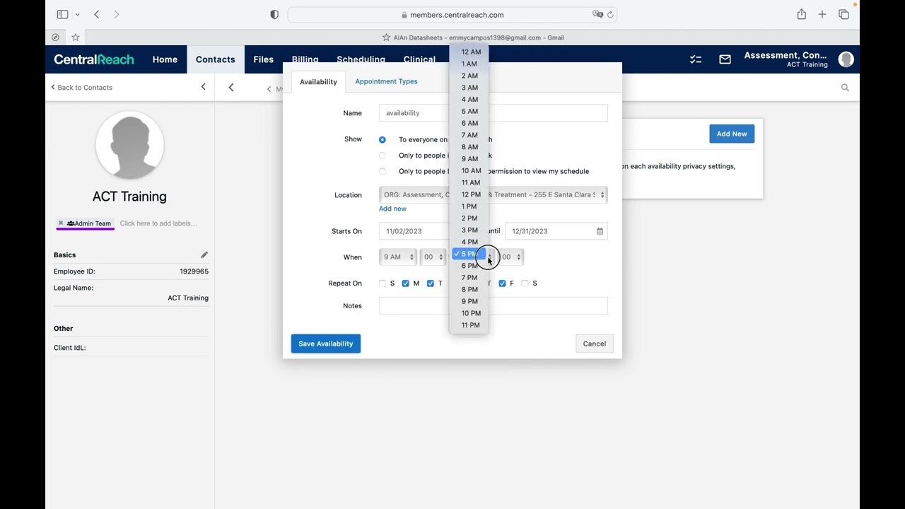 Central Reach- How to create availability
