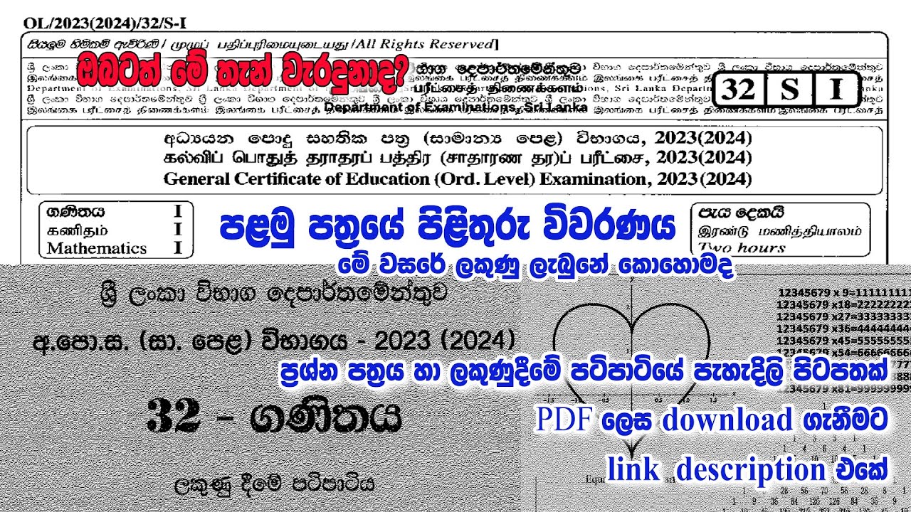 O/L Exam Maths marking scheme downward  Answer Paper 1; 🔵 🟡 🟢 ගණිතය ලකුණු දීමේ පටිපාටිය 2023 (2024)