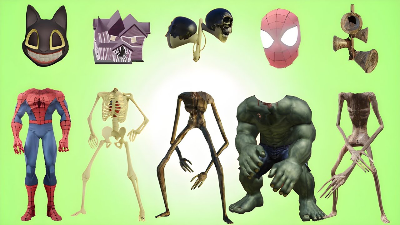 WRONG HEADS SIREN HEAD CAR, GREEN HOUSE HEAD, SCARY HOUSE, SIREN HEAD DOUBLE, SIREN HEAD THUNDERBOLT