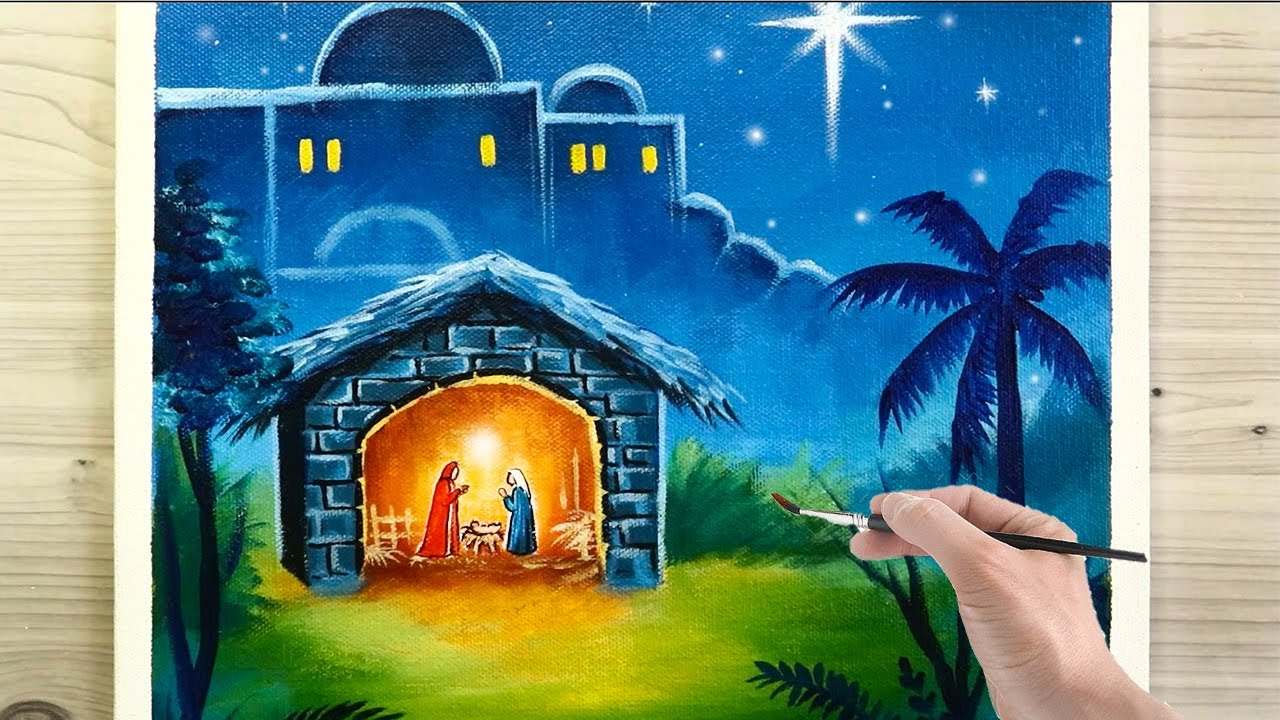 Christmas Crib Easy Acrylic Painting For Beginners - Step By Step / Daily Art Challenge #274