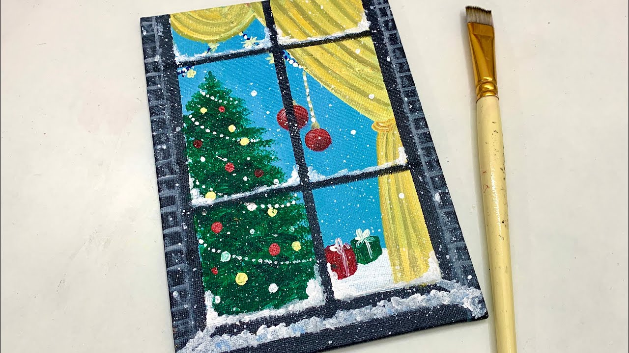 Christmas Tree Through Window | Acrylic Painting for Beginners | Step by Step Acrylic Painting |