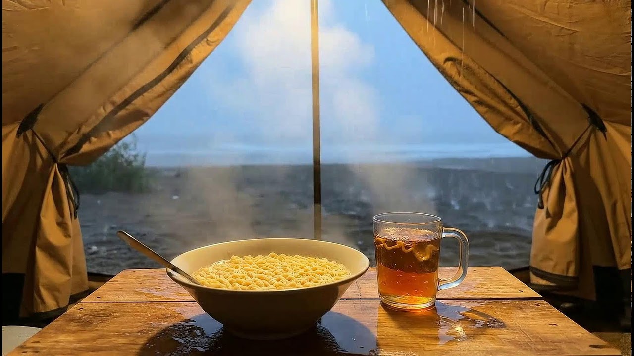 Ultimate Cozy Rain ASMR: Steaming Ramen & Hot Tea in a Beach Tent 🍜 #RainyDay