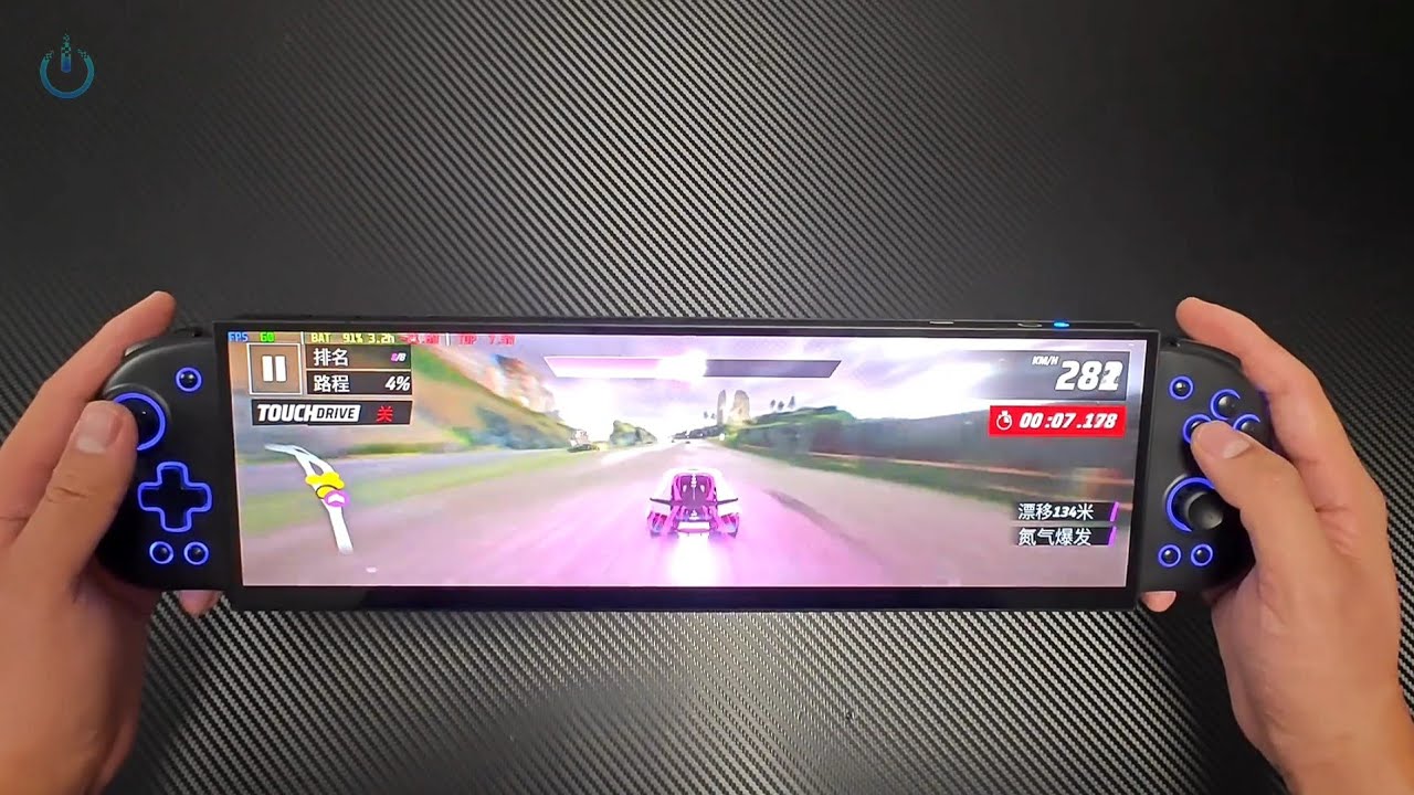 Handheld Console AMD Z2 Extreme Playing Racing Games a 32:9 ultra-wide screen handheld console