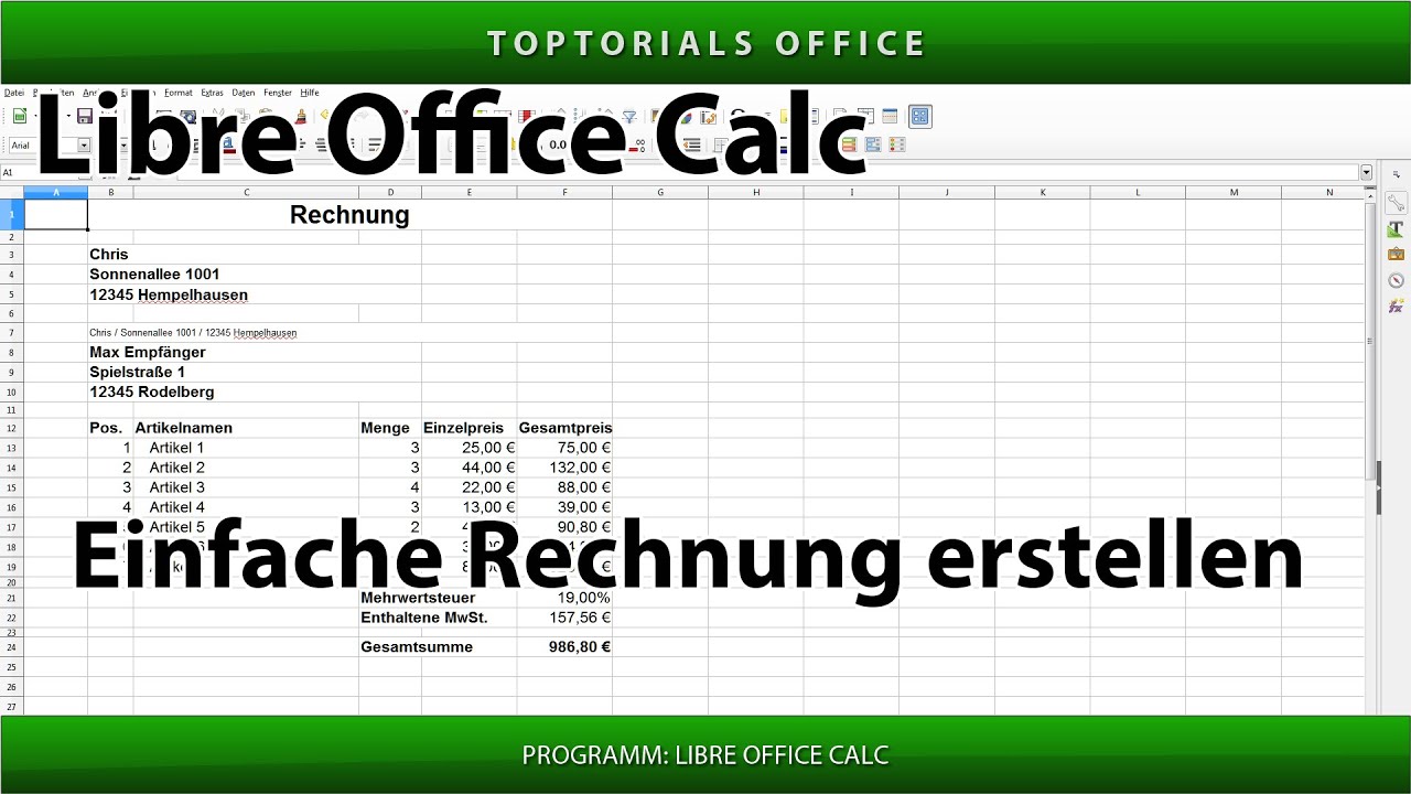 Einfache Rechnung erstellen mit und ohne MwSt.  (LibreOffice Calc)