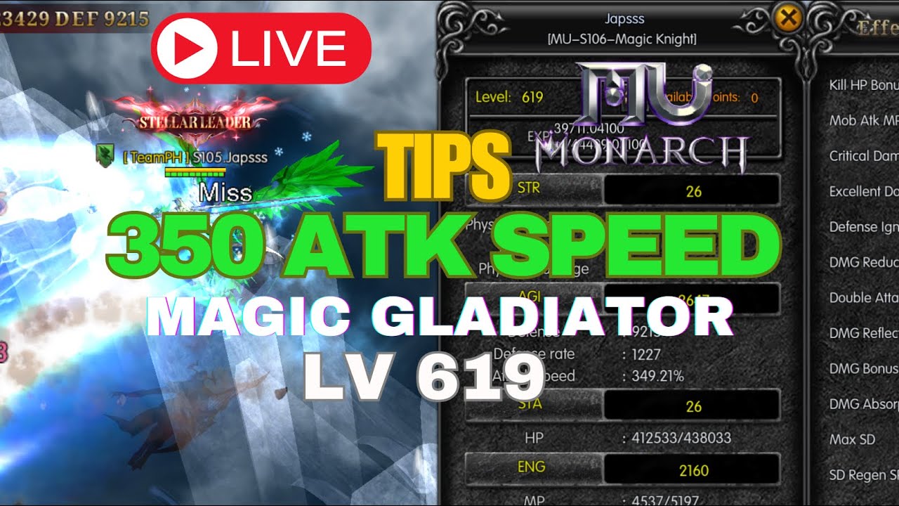 MU MONARCH SEA - 350 ATK SPEED - MAGIC GLADIATOR #mumonarchsea #mu #mmorpg