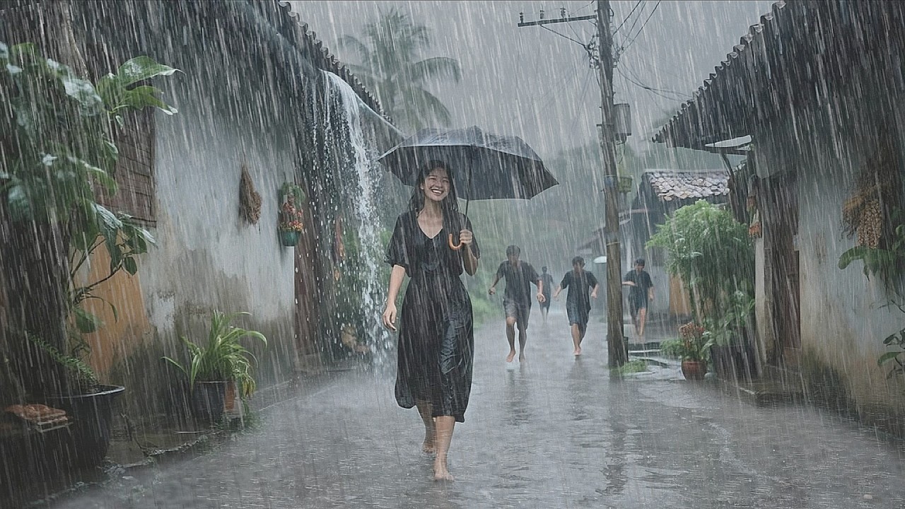 Heavy Rain and Thunderstorms Pound a Quiet Residential Area in Indonesia | Walking in the Rain ASMR