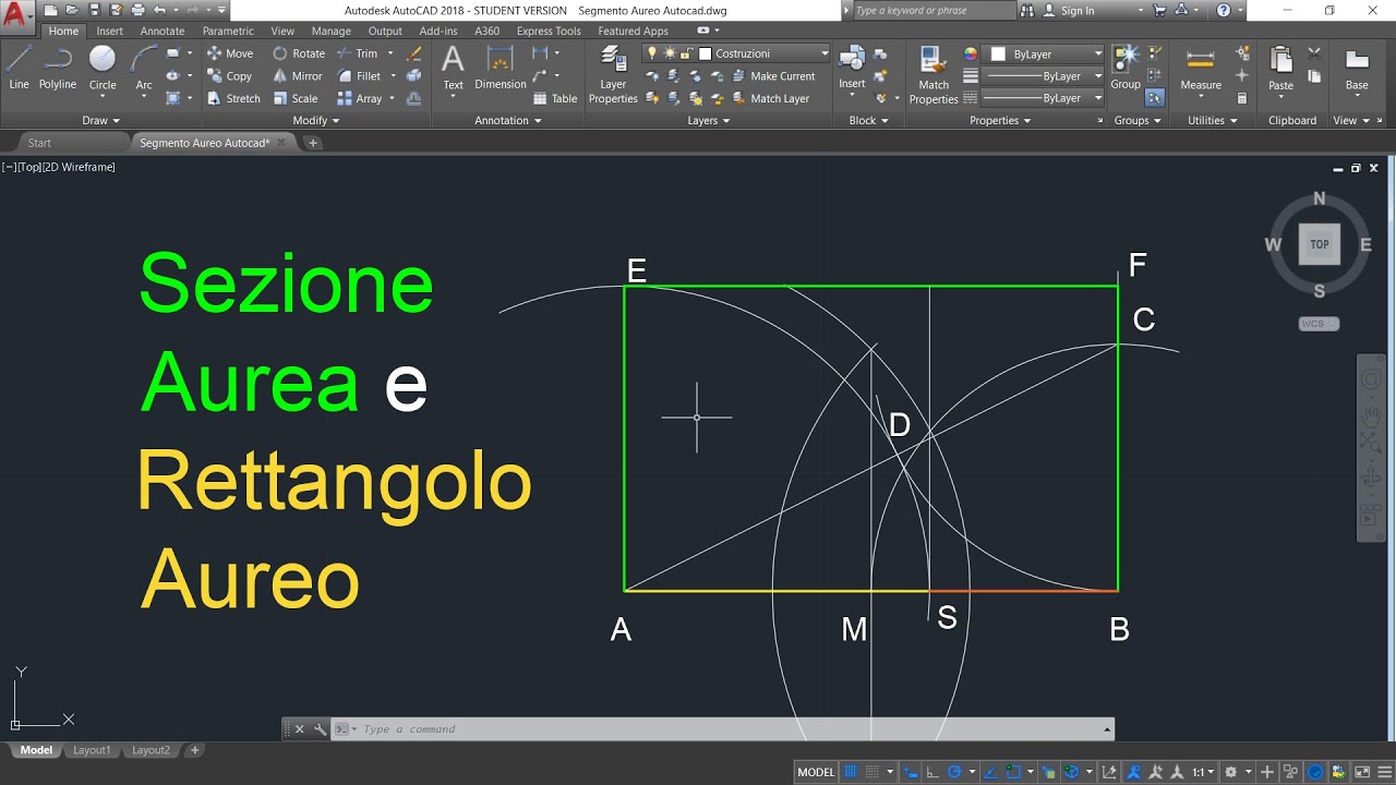 Sezione Aurea di un segmento e Rettangolo Aureo con AutoCAD - Numero Aureo phi