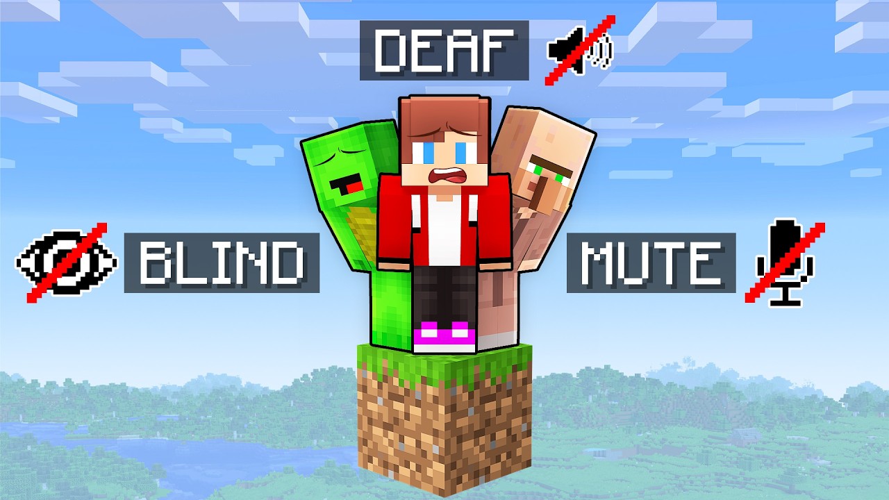 Mikey and JJ on One Block, but They Are Blind, Deaf and Mute in Minecraft (Maizen)