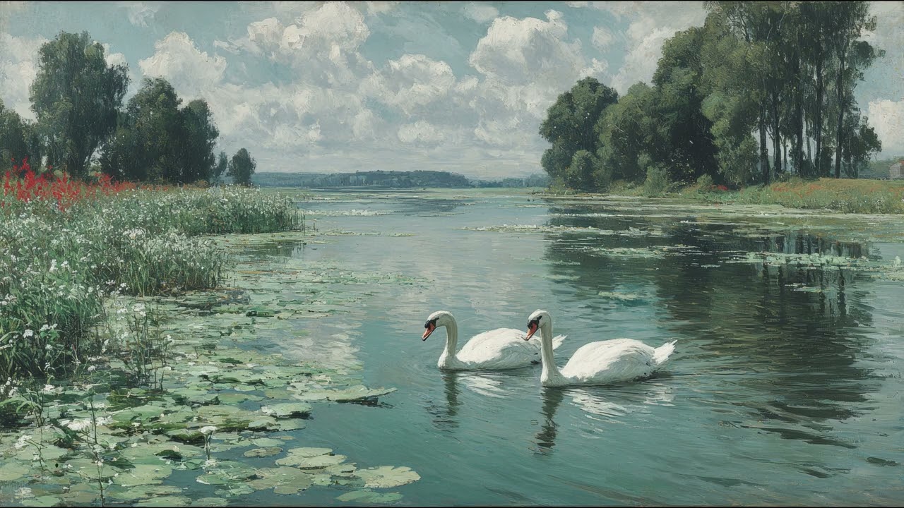 Swans on Calm Lake 4K TV Art 🦢 Serene Nature Painting, Peaceful Water Scene, Relaxing Screensaver