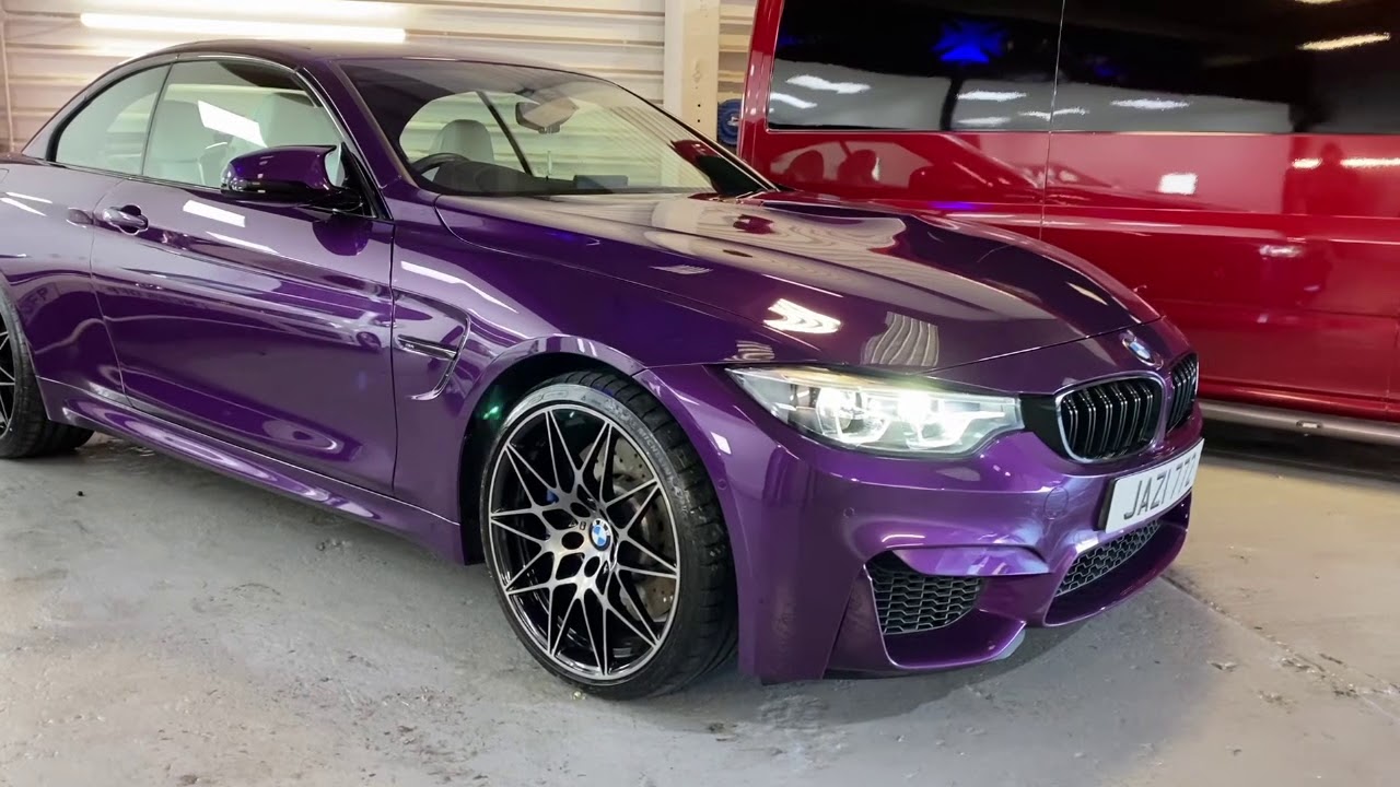 Purple BMW M4 competition detailed, revs pops and bangs, ceramic coating