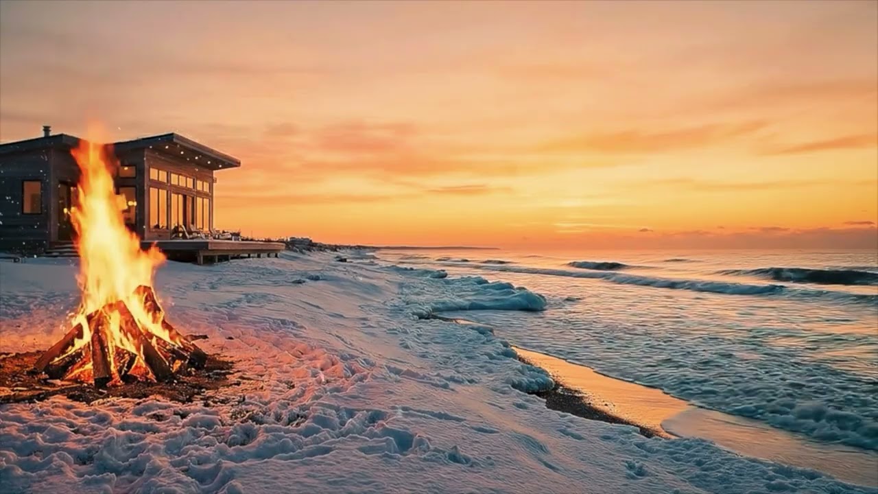 Winter Beach Cabin Ambience ❄️🔥 4 Hours | Frozen Ocean & Crackling Fire at Dusk 🌊