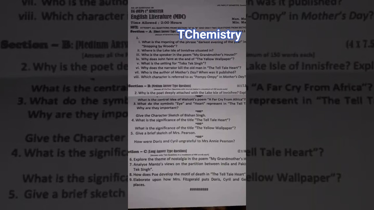 English literature (MDC) ist sem previous year question paper Nep Kashmir University.