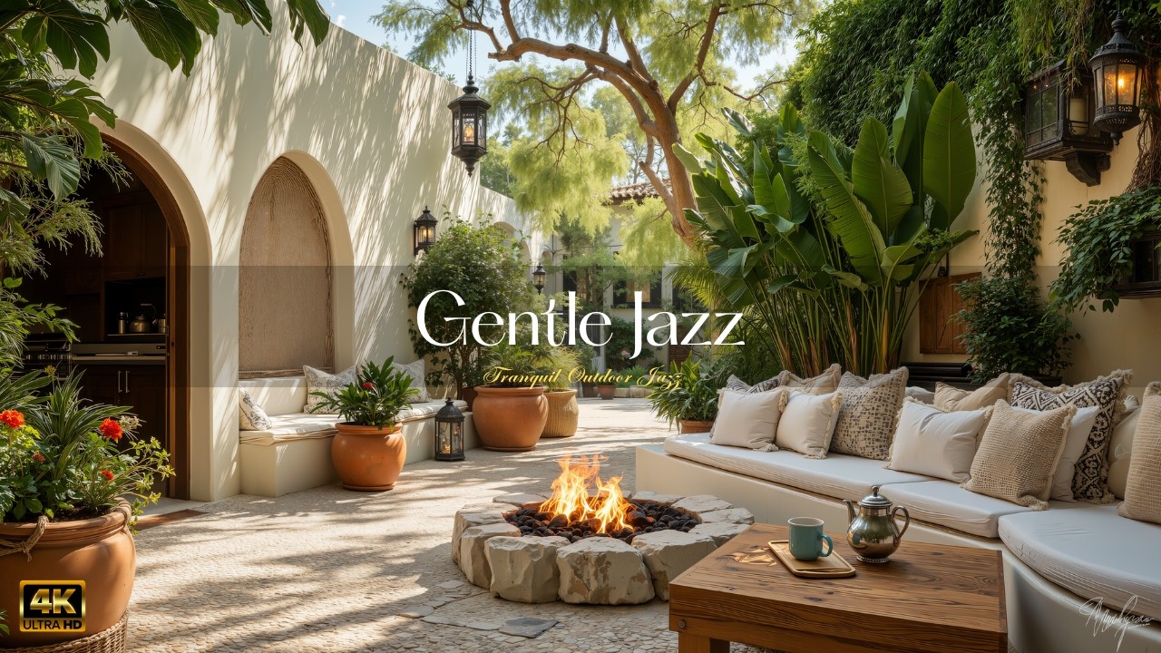 Tranquil Outdoor Cafe Music For Stress Relief | Beautiful Courtyard With Gentle Jazz To Relax, Fo...