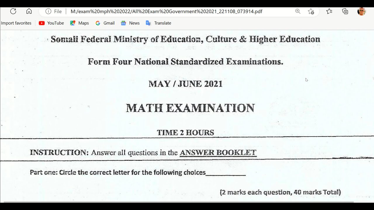 Imtixaanka Dowladda 2021 | f4 | Xisaab | Q-1aad | Federal exam 2021 | f4 | part 1