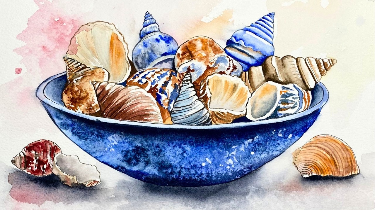 Sea Salt Texture! Watercolor Seashells in a Blue Bowl 🧂🐚💙 | Relaxing Paint With Me