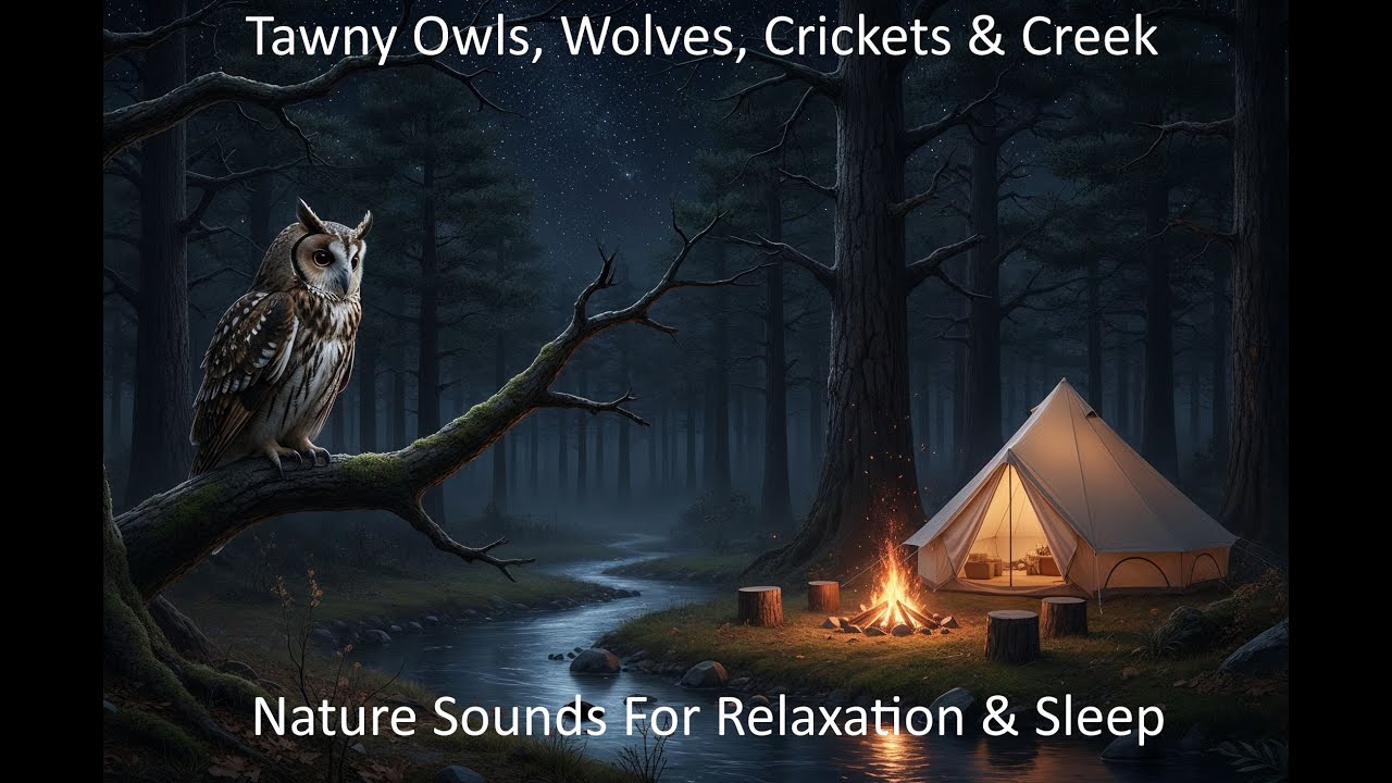 Connect With Nature~ Deep Relaxation ~ Stress Relief ~ Owls, Wolves ,Crickets , Stream & Campfire